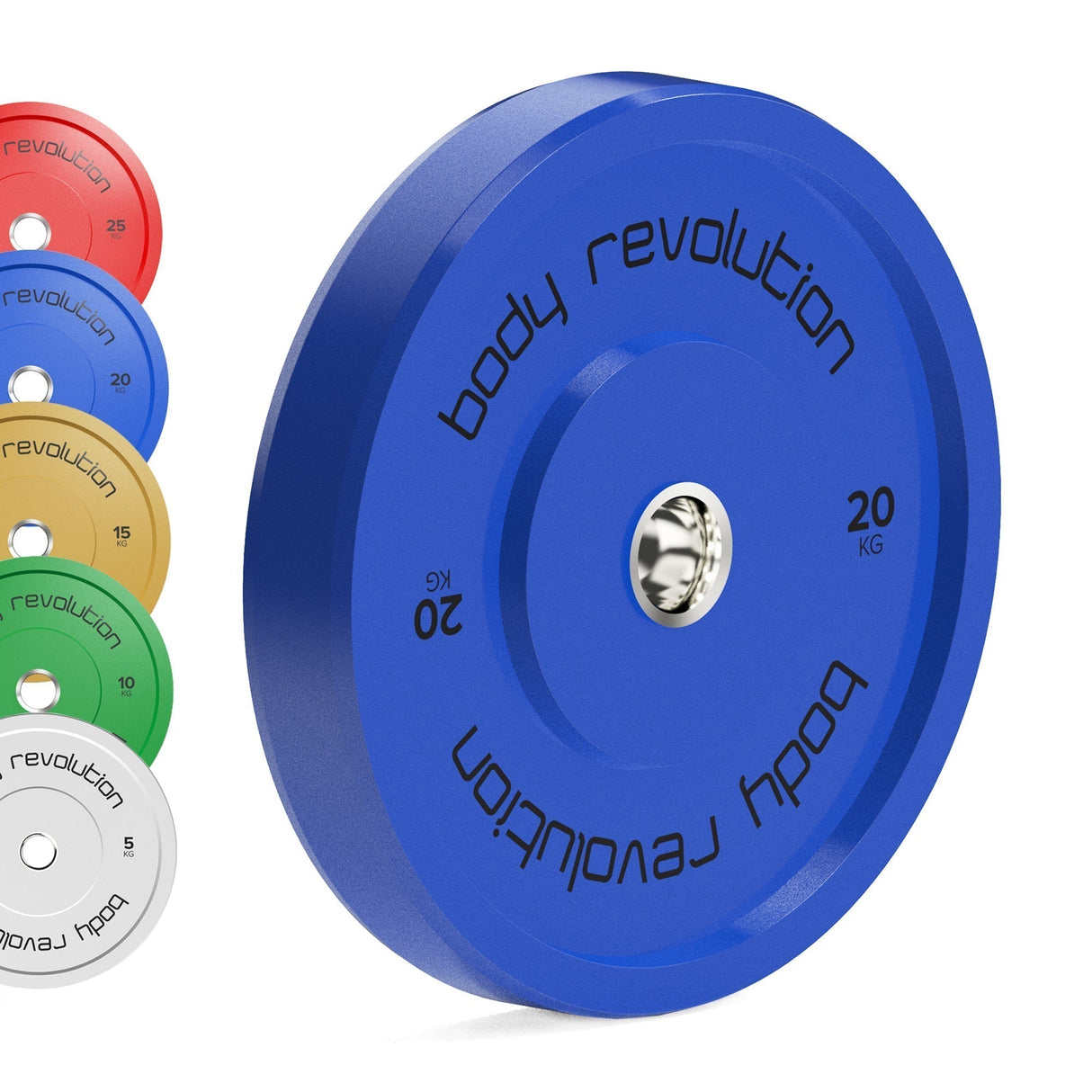 Vibrant blue Body Revolution Olympic bumper plate with a 20 kg weight, surrounded by colorful plates in red, green, yellow, and gray