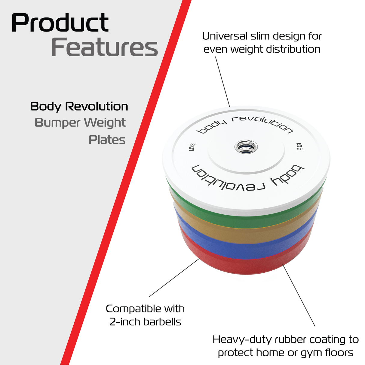 Colorful Body Revolution Olympic bumper plates stacked, featuring a universal slim design and heavy-duty rubber coating for durability
