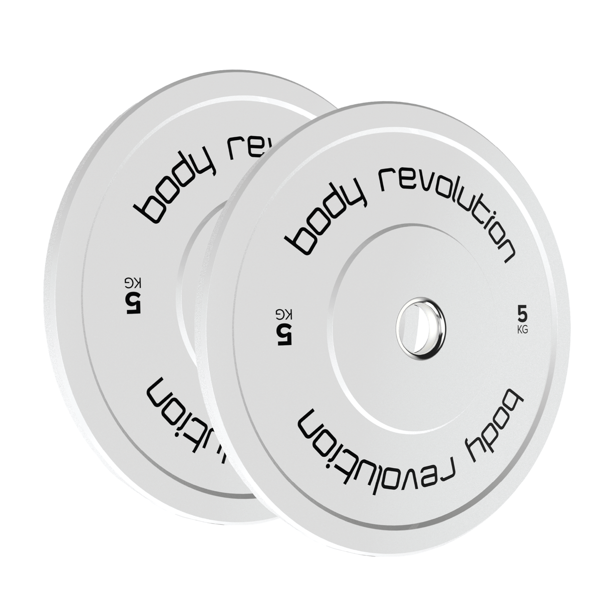 Two 5 kg Body Revolution Olympic bumper plates in white with black lettering, featuring a smooth surface and central hole for easy handling
