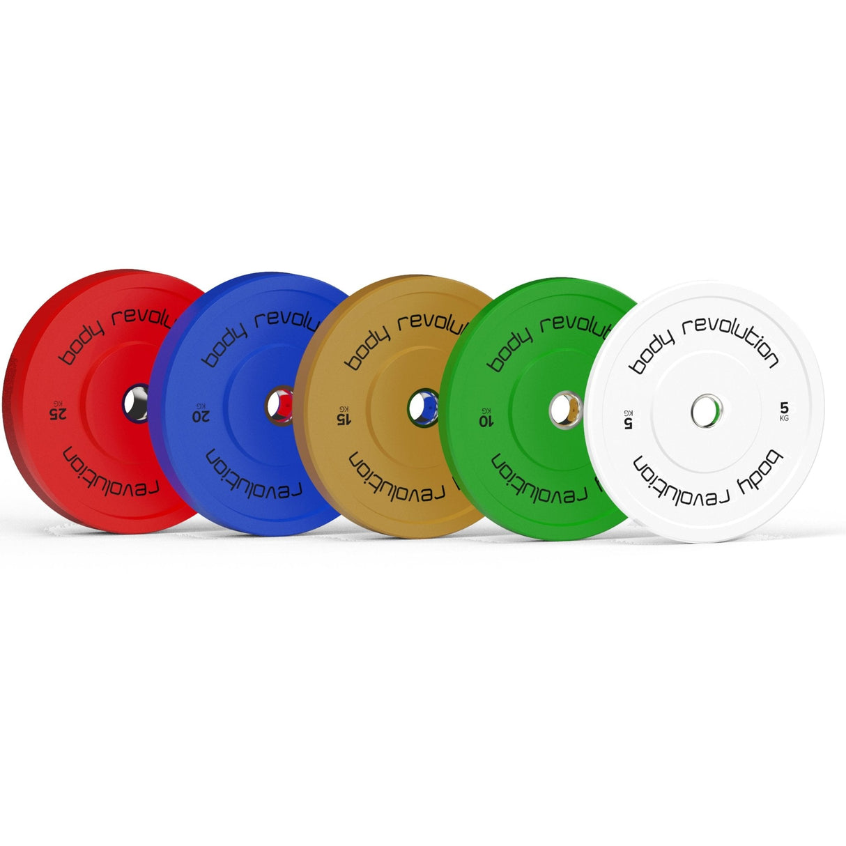 Vibrant Body Revolution Olympic bumper plates in red, blue, green, yellow, and white, showcasing durable rubber construction and clear weight markings