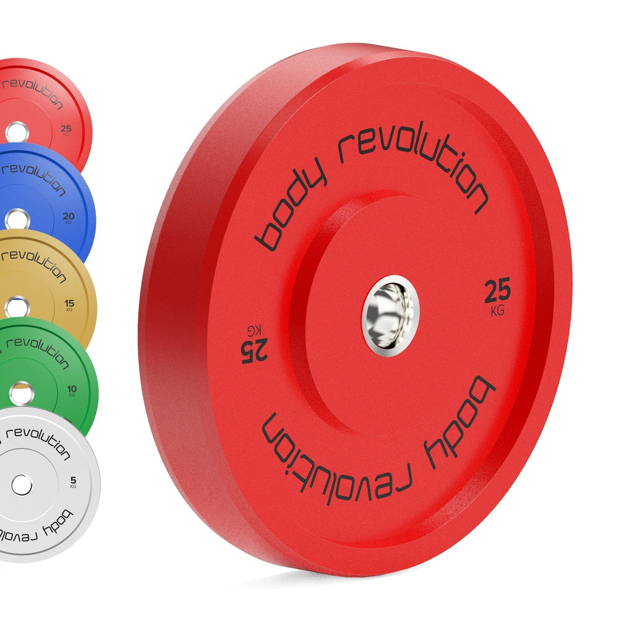 Bright red Body Revolution Olympic bumper plate, 25 kg, with a smooth surface and clear black lettering, surrounded by colorful plates in blue, green, yellow, and white