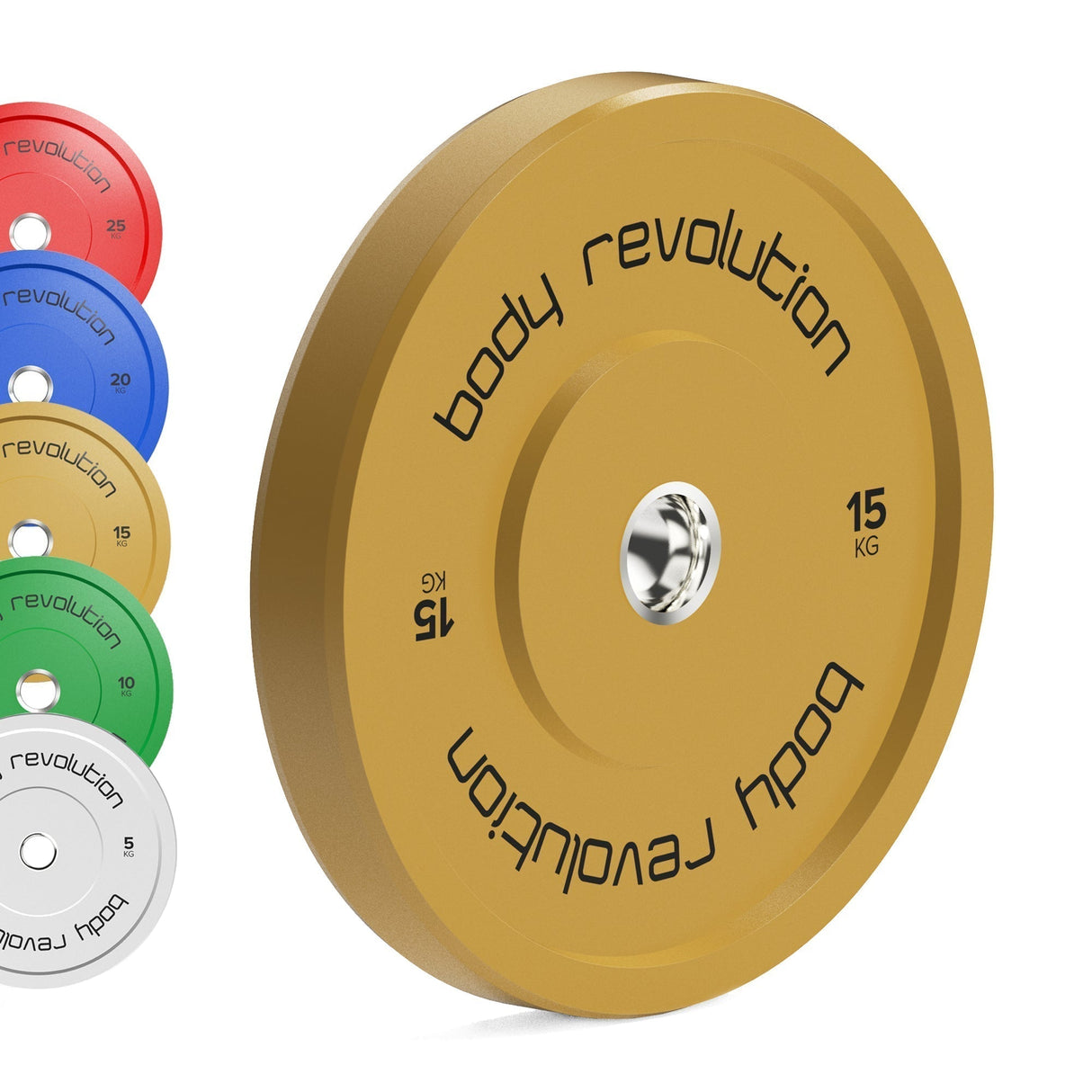 Body Revolution Olympic bumper plate in gold, 15 kg, featuring a smooth surface and clear weight markings, alongside colorful plates