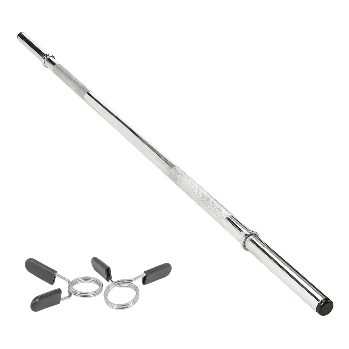 Straight 1.4m barbell bar with a shiny chrome finish, textured grip, and included spring clips for secure weight loading