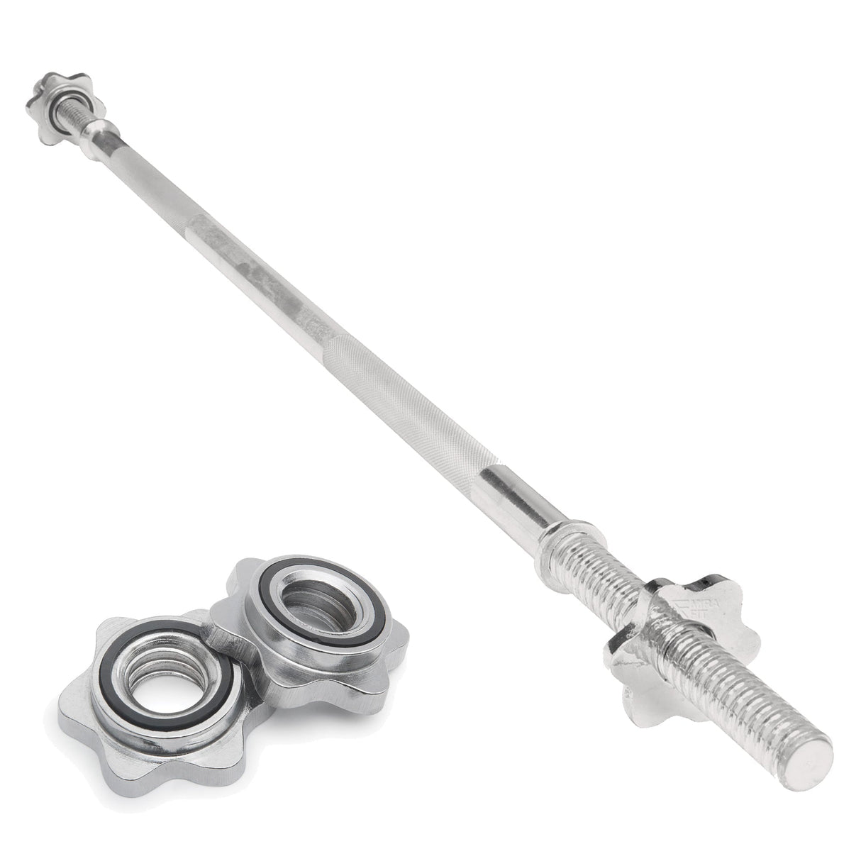 Straight barbell bar with a 1-inch diameter, 1.4m length, featuring a textured grip and two silver weight collars for secure loading