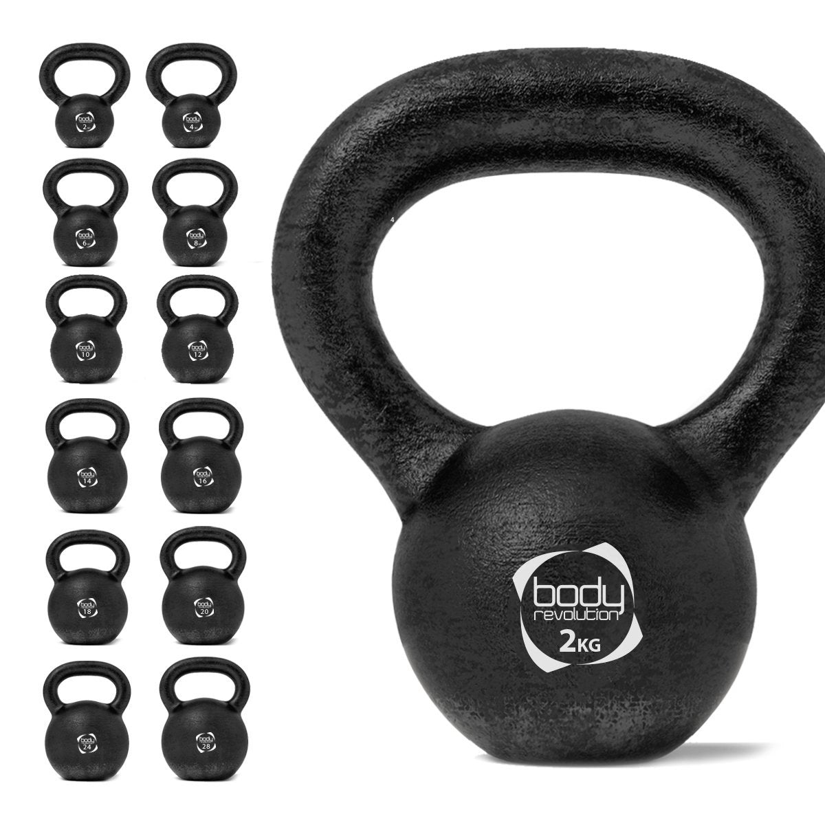 Cast iron kettlebells in various weights from 2 kg to 28 kg, featuring a textured black finish and sturdy handles for grip