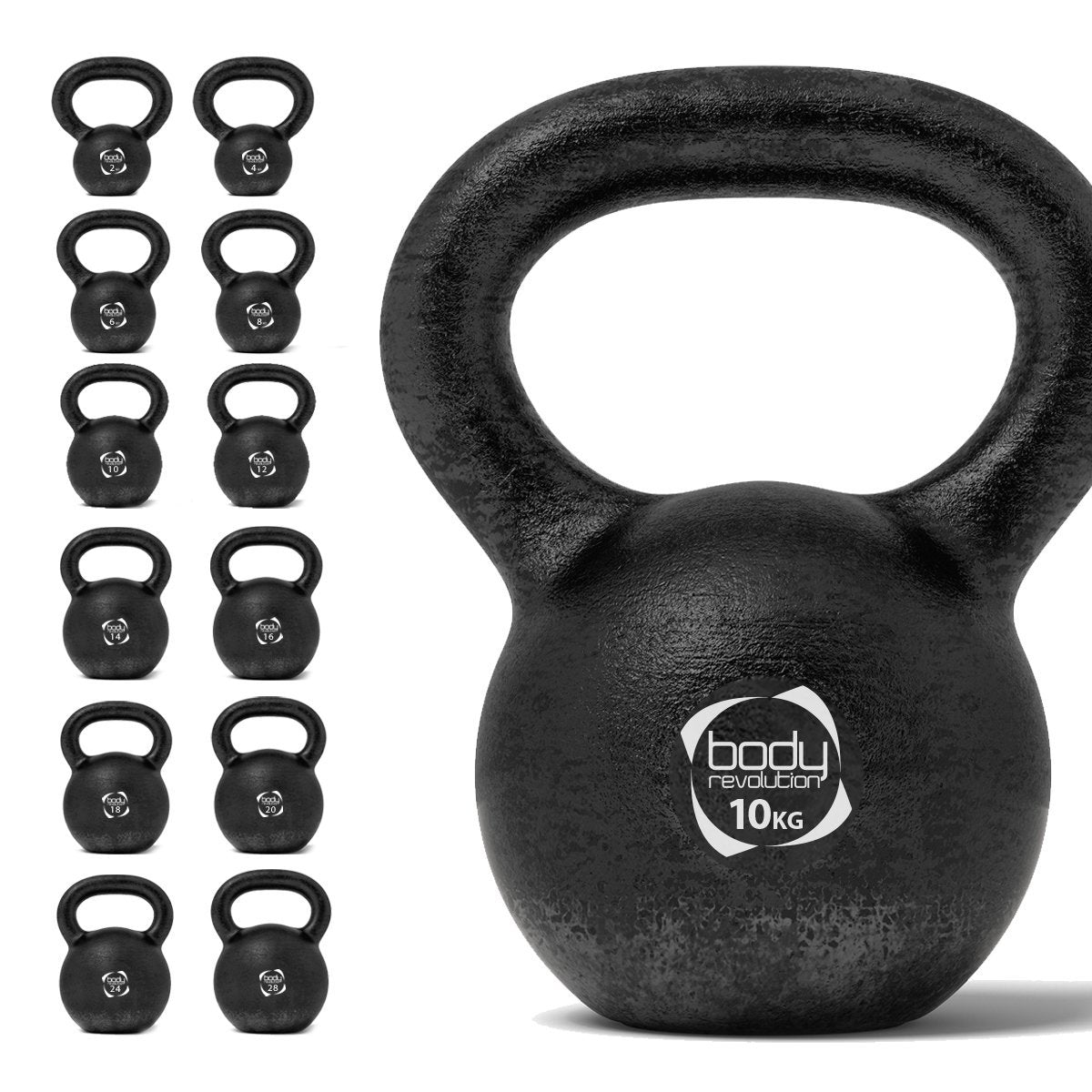 Cast iron kettlebell weighing 10 kg, featuring a textured black finish and a sturdy handle, surrounded by various weights from 2 kg to 28 kg