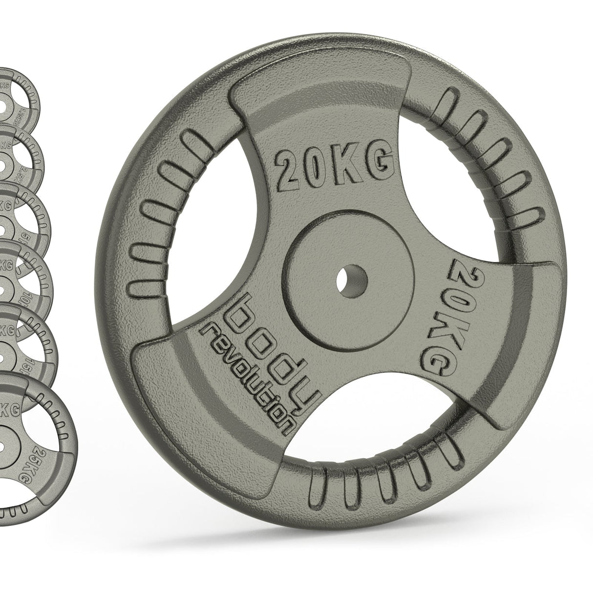 Tri-grip cast iron weight plate in metallic gray, featuring clear weight markings, designed for 1-inch standard bars, ideal for strength training