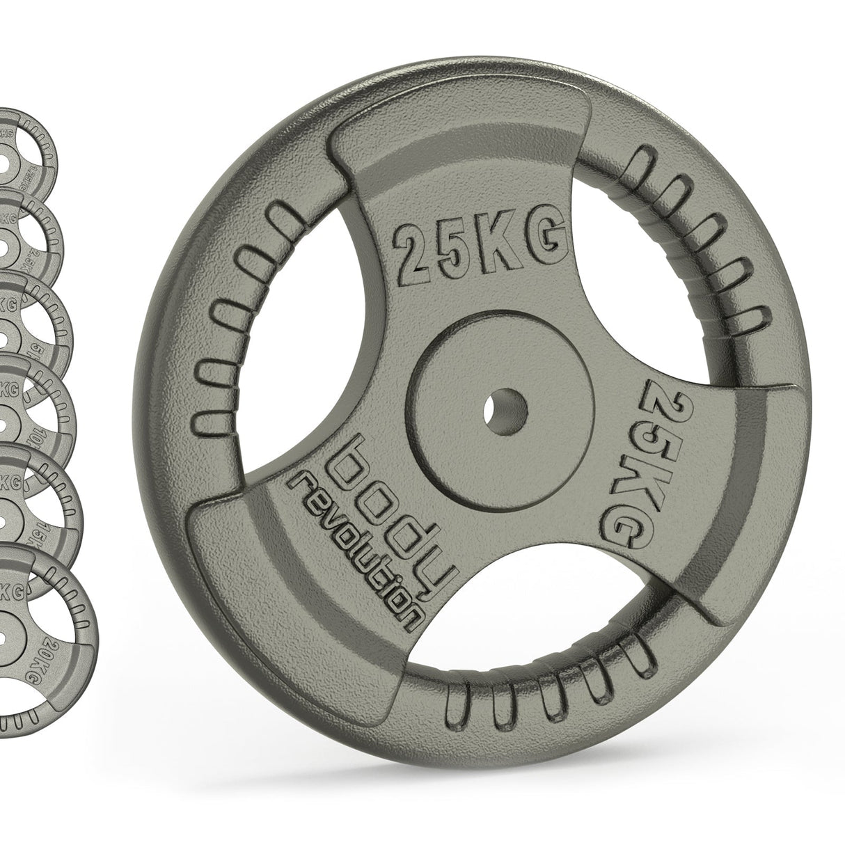 Gray cast iron weight plate with tri-grip design, labeled 25 kg, showcasing textured surface and sturdy construction for strength training