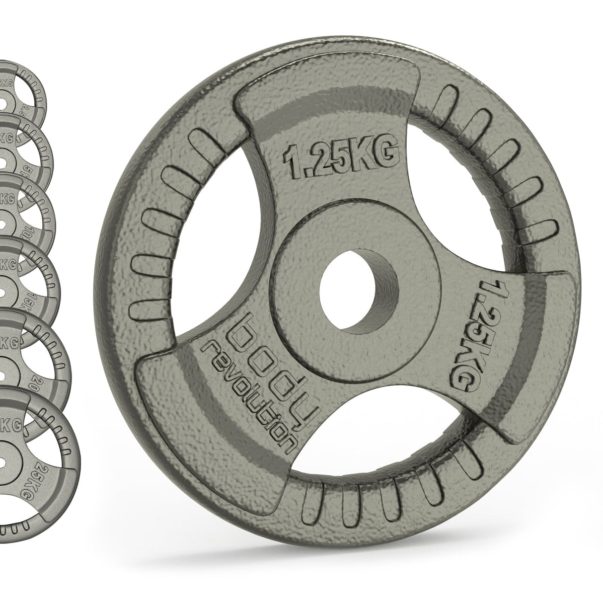 Cast iron weight plate with tri-grip design, featuring a textured surface and clear weight markings, available in various sizes from 1.25 to 25 kg