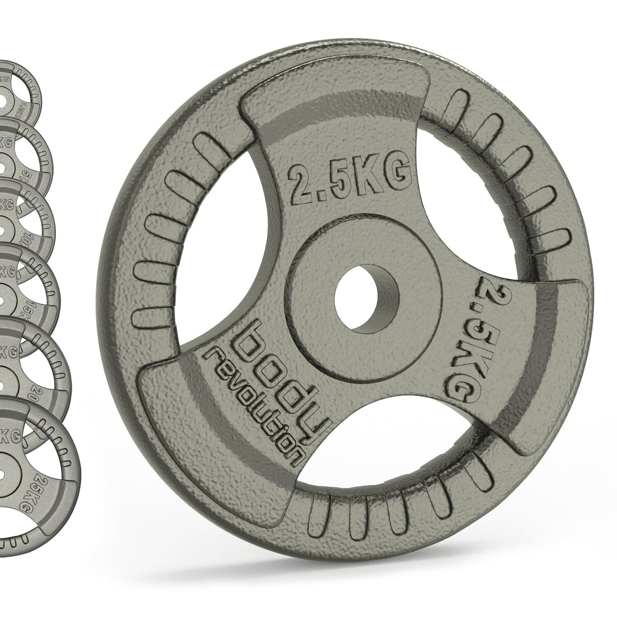 Gray cast iron weight plate with tri-grip design, labeled 2.5 kg, featuring a smooth surface and sturdy construction for strength training
