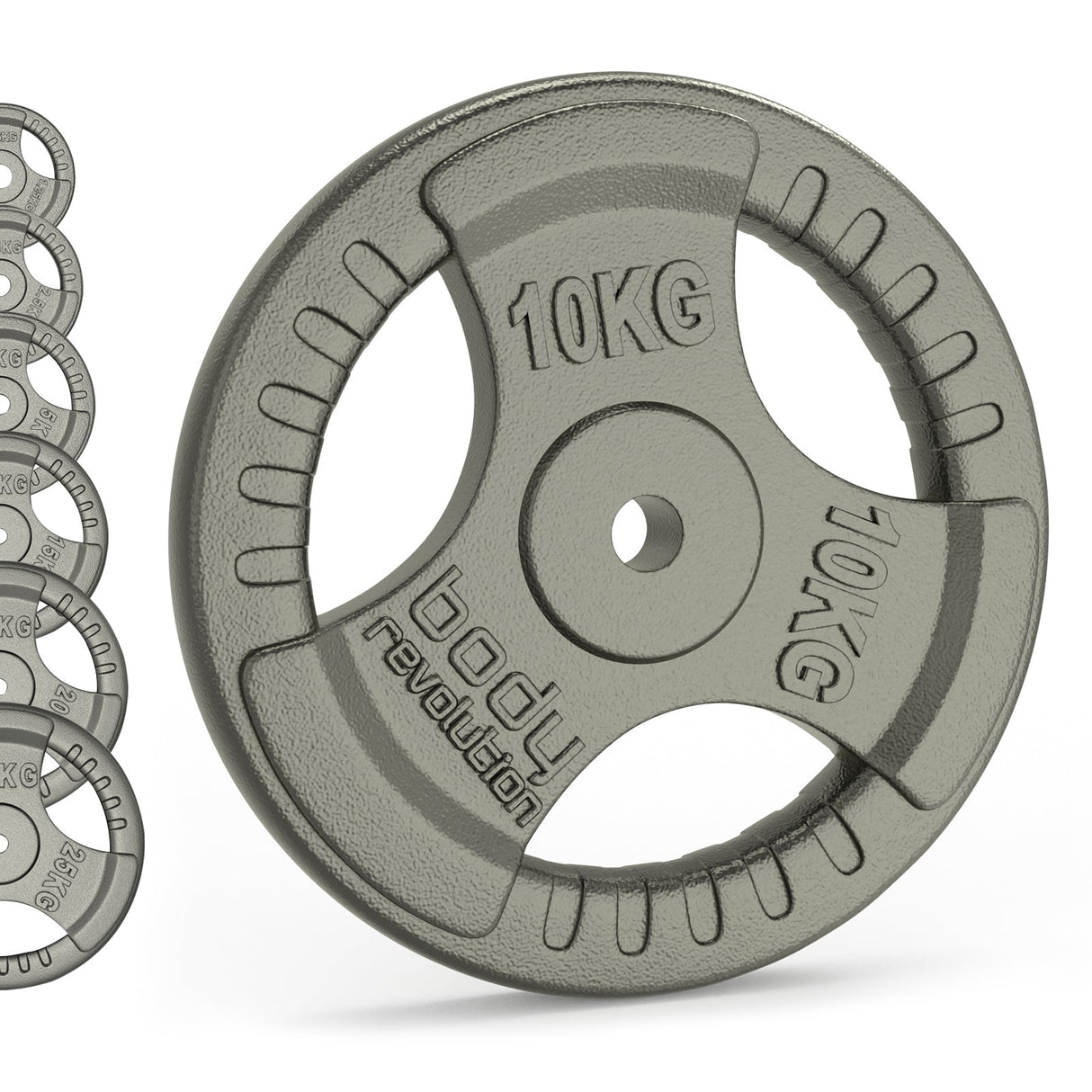 Gray cast iron weight plate with tri-grip design, labeled 10 kg, showcasing a textured surface for secure handling and durability