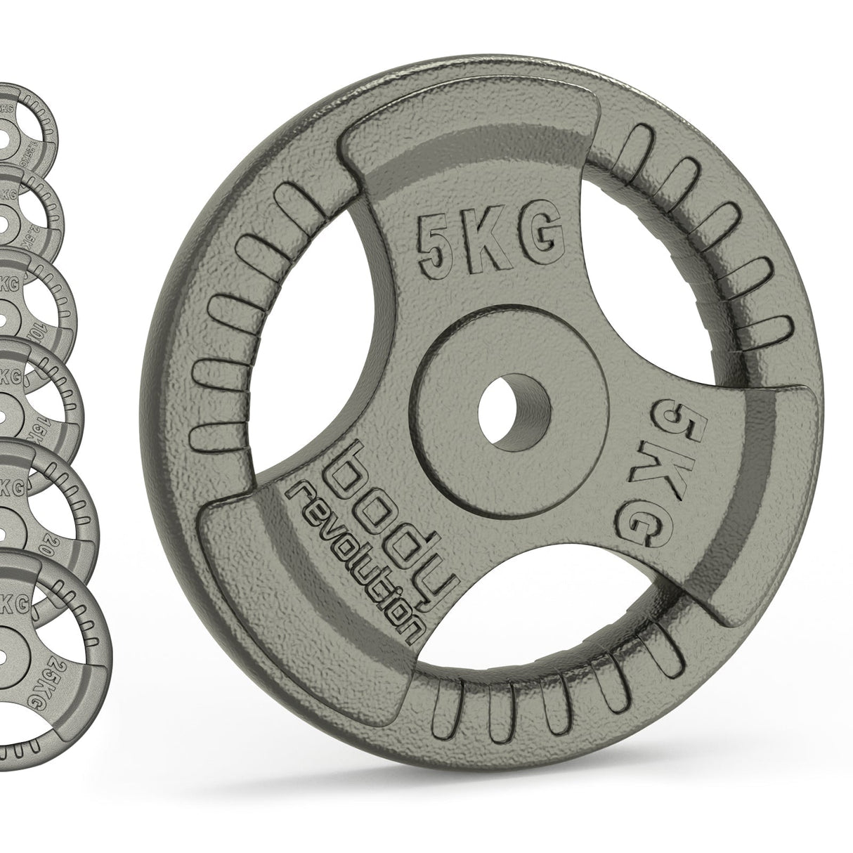 Gray cast iron weight plate with tri-grip design, labeled 5 kg, featuring a textured surface for secure handling and durability