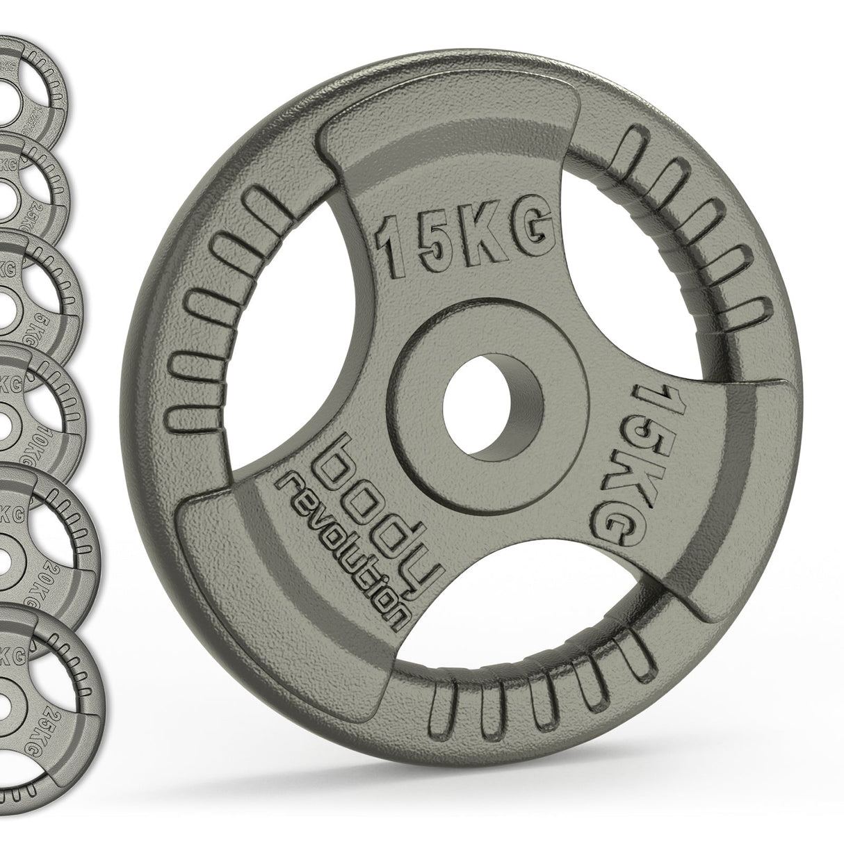 Cast iron Olympic tri grip weight plate in a sleek gray finish, featuring raised lettering and ergonomic grip design for easy handling