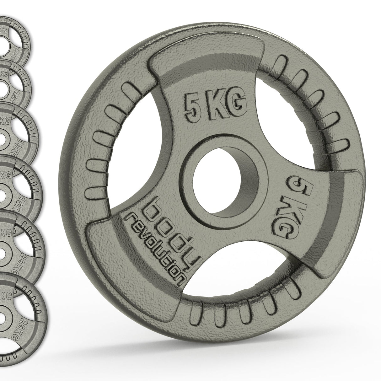 5 kg Olympic tri grip cast iron weight plate with textured surface, featuring a central hole and bold lettering for easy identification
