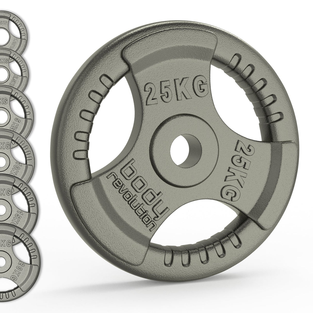 Cast iron Olympic tri grip weight plate in metallic gray, featuring raised lettering and ergonomic grips for easy handling