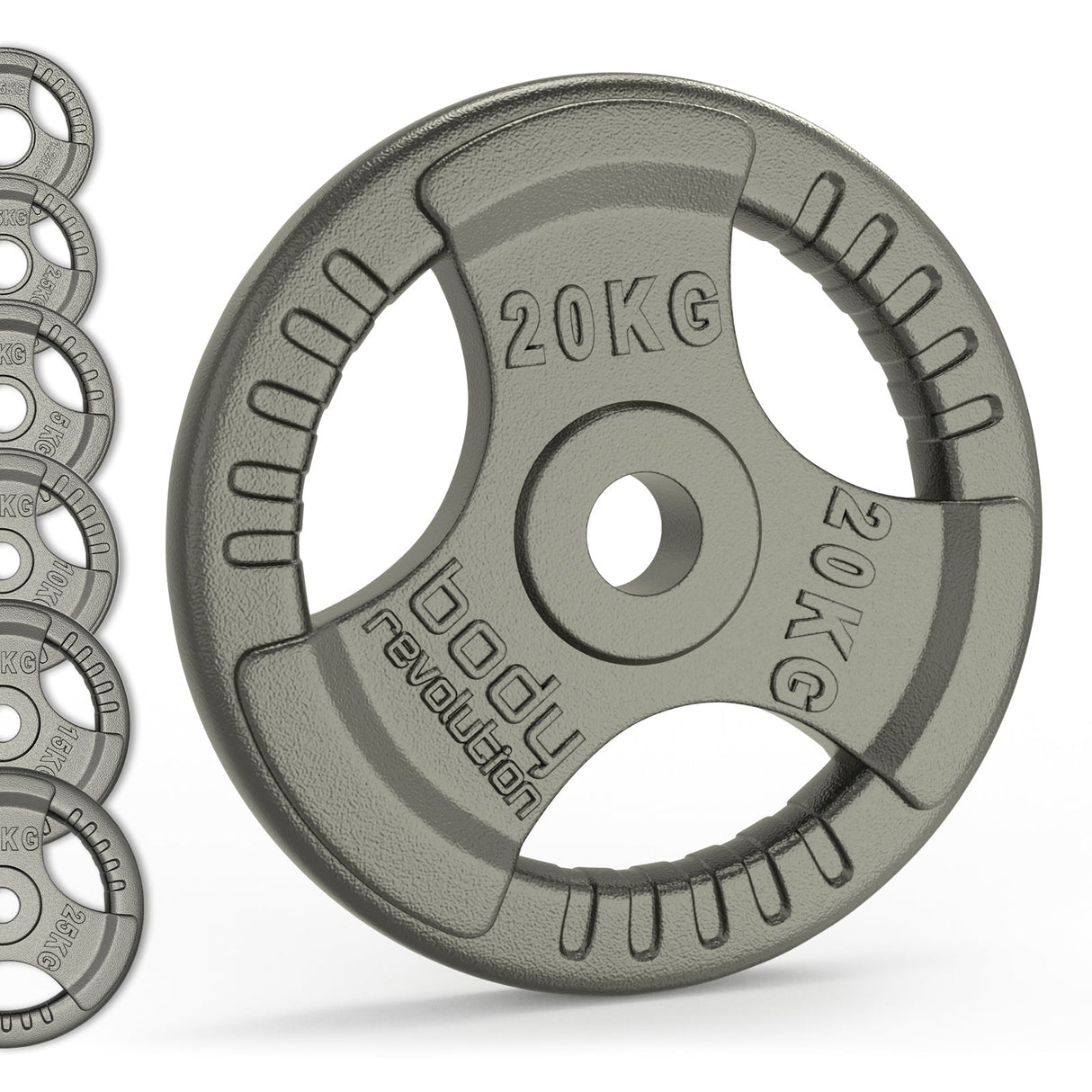 20kg Olympic tri grip cast iron weight plate with textured surface, featuring raised lettering and a central hole for easy handling