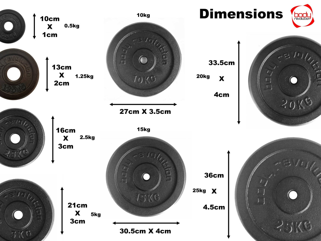 Cast iron weight plates in various sizes and weights, featuring a textured black finish and clearly marked dimensions for easy identification