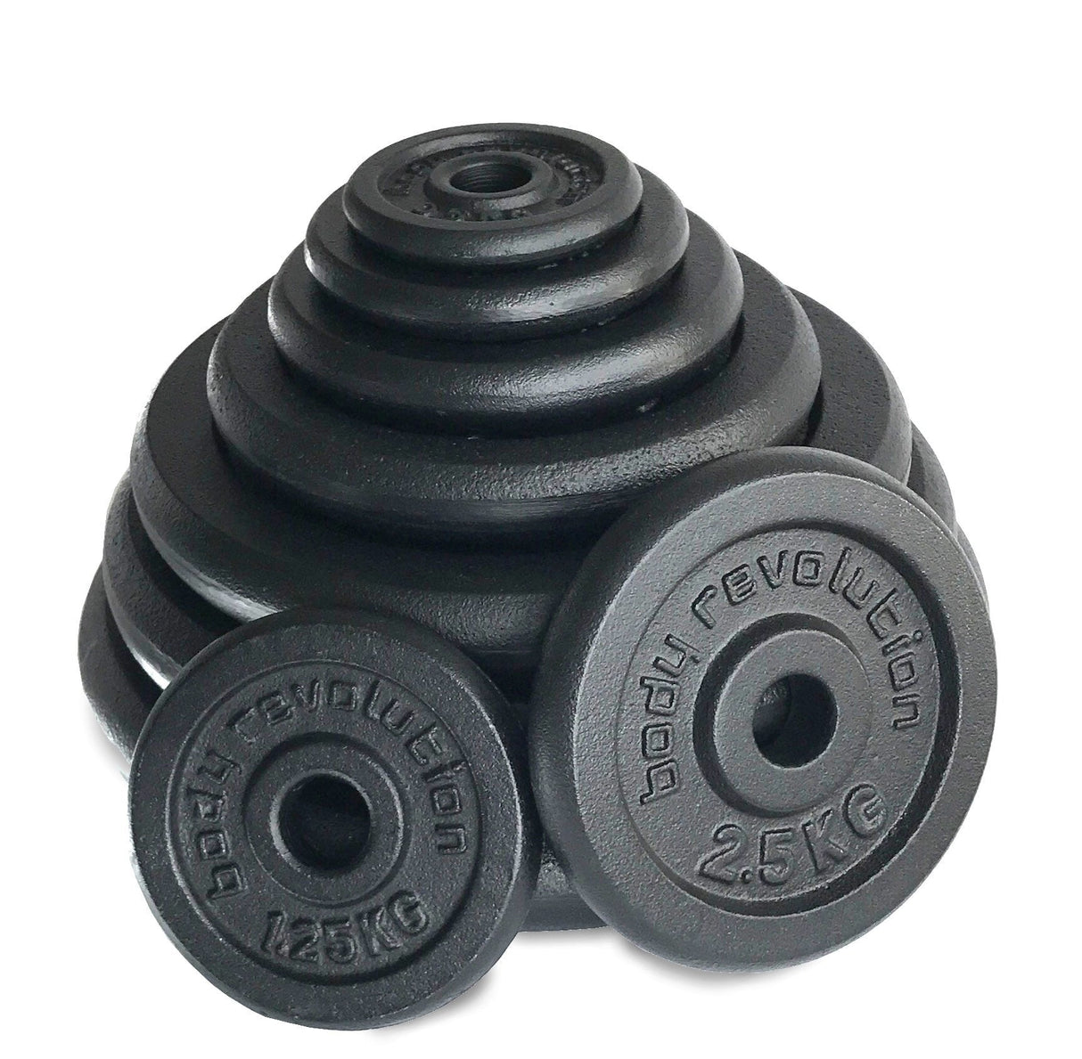 Stacked cast iron weight plates in varying sizes, featuring a textured black finish and clear weight markings for easy identification