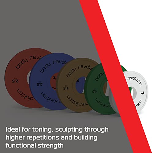 Colorful fractional bumper plates in red, blue, green, and brown, designed for toning and functional strength training