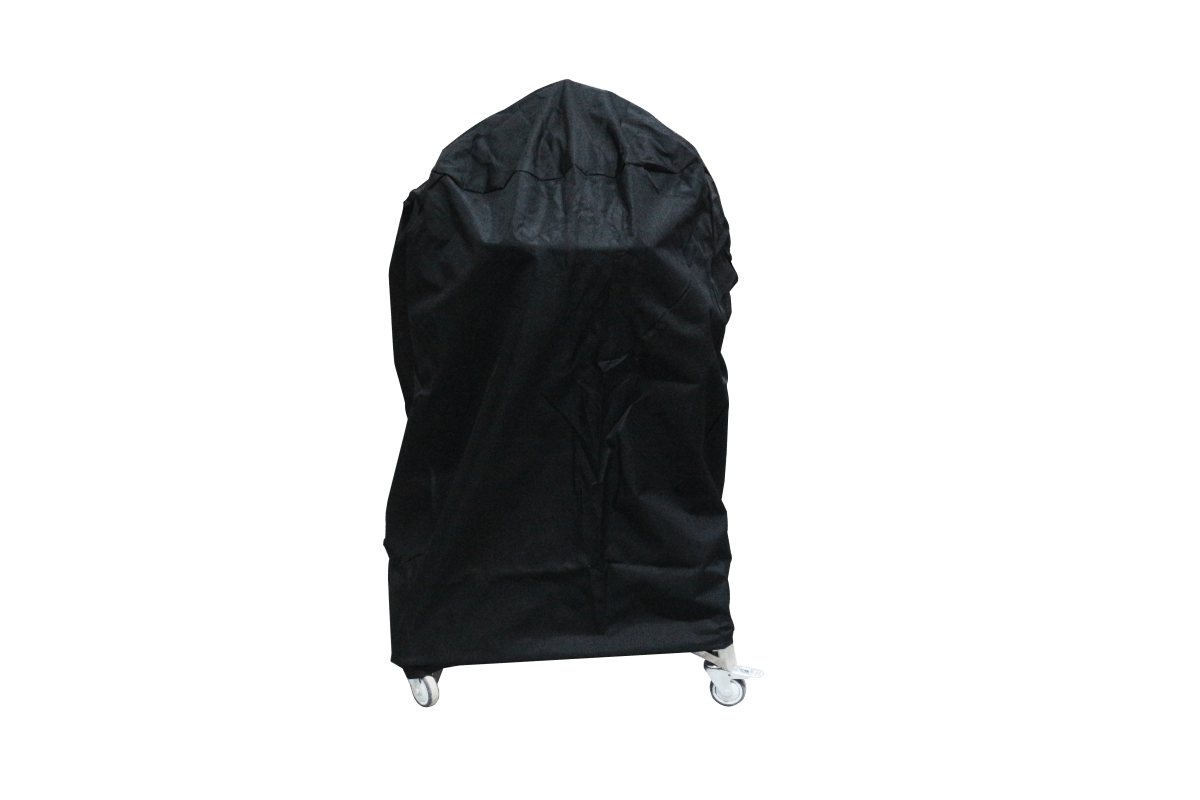Durable black rain cover for Kamado BBQ grill, featuring a fitted design and protective material for outdoor use