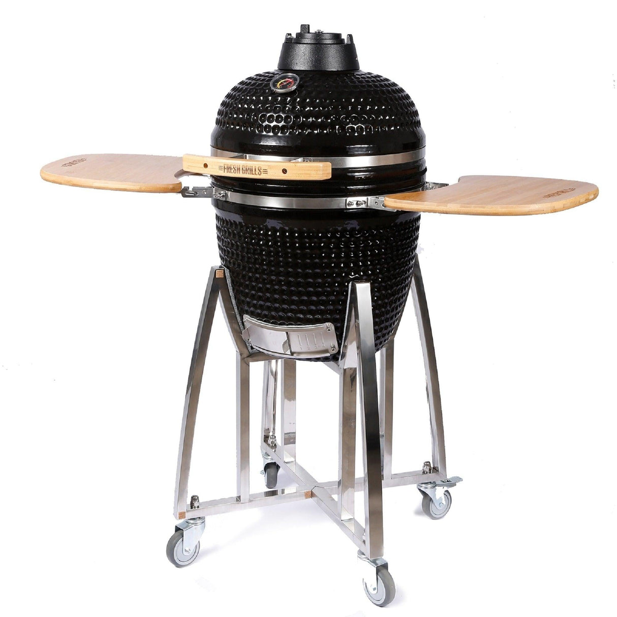 Black 18-inch Kamado charcoal BBQ grill with wooden side shelves, stainless steel legs, and a textured ceramic body for even heat distribution