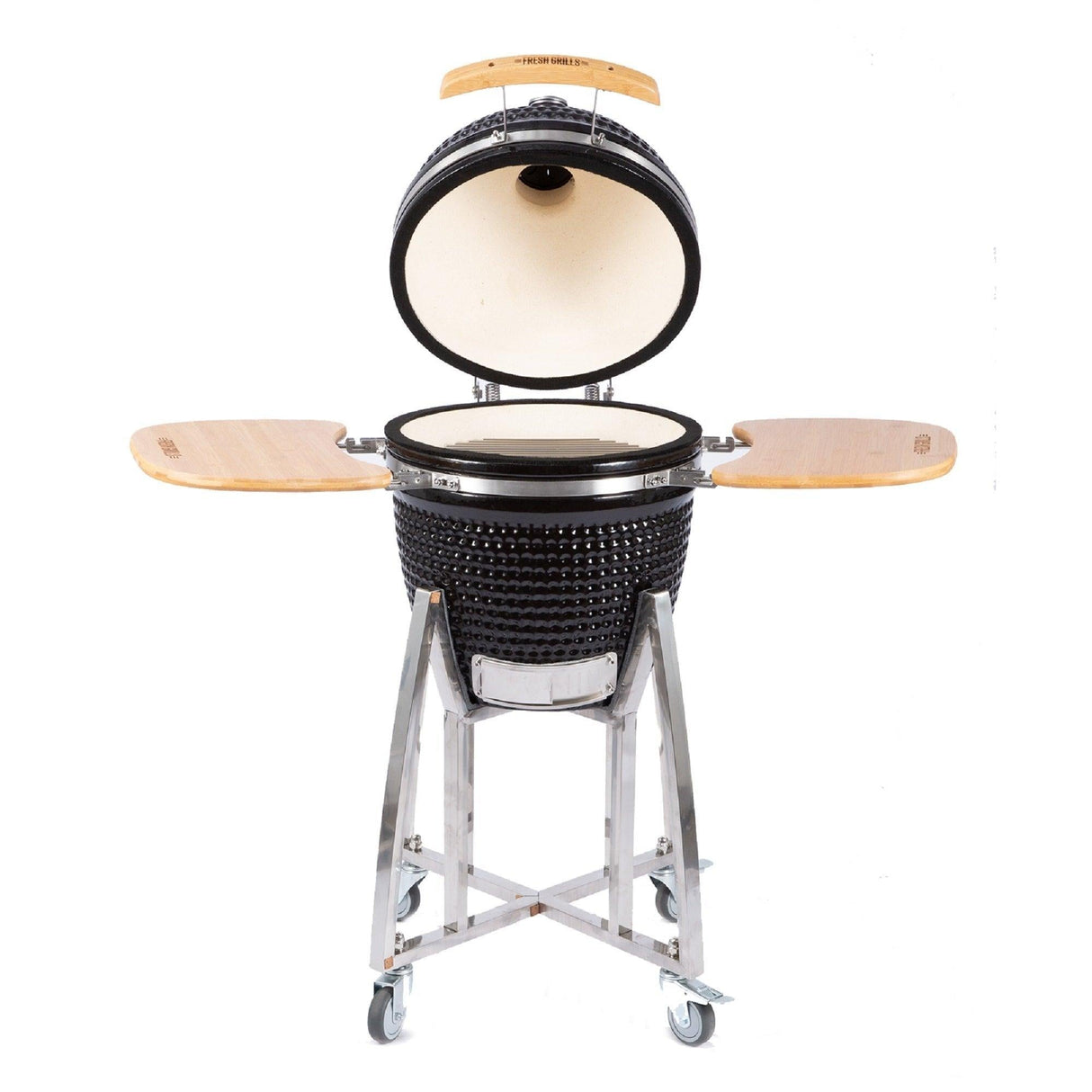 Kamado charcoal BBQ grill with a glossy black finish, bamboo side shelves, and a ceramic interior, designed for outdoor cooking