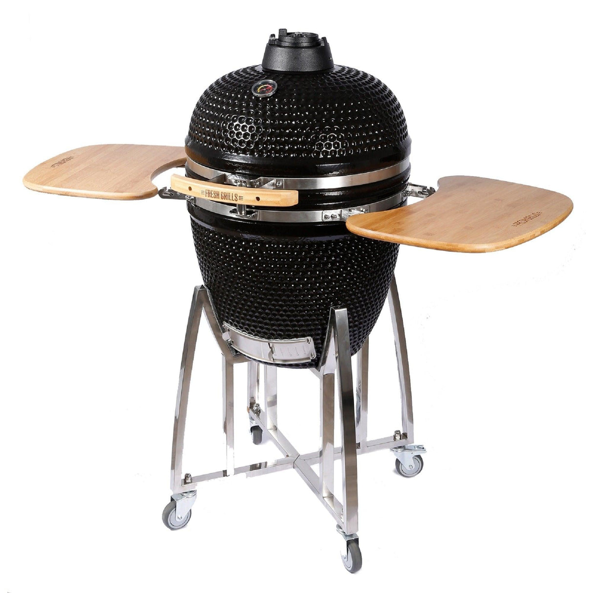 Black ceramic kamado charcoal BBQ grill with wooden side shelves, stainless steel frame, and wheels for easy mobility