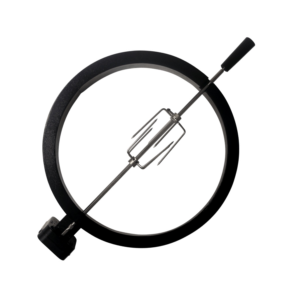Kamado rotisserie attachment featuring a sturdy black circular frame and stainless steel spit for even cooking of meats