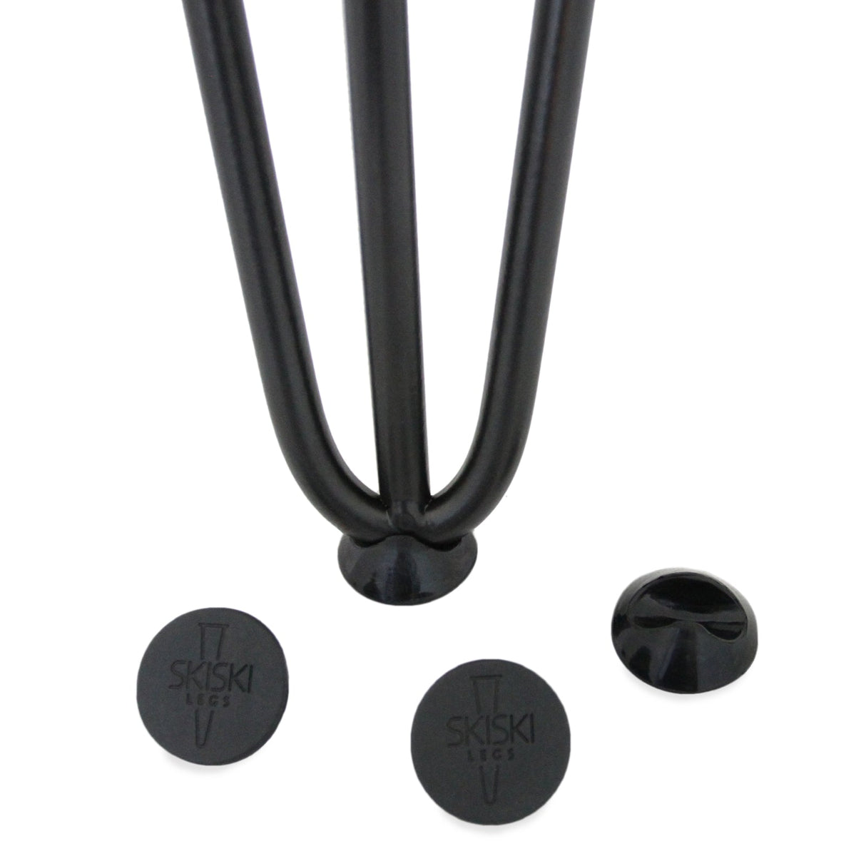 Black 28-inch hairpin legs with a sleek, modern design, featuring two prongs and rubber caps for floor protection