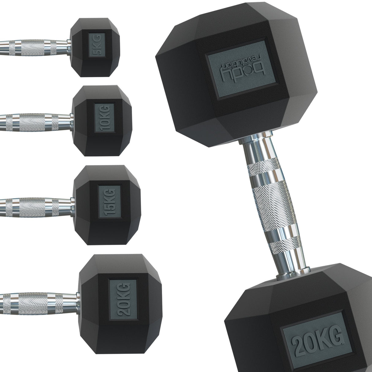 Hexagonal dumbbells ranging from 1 kg to 40 kg, featuring a textured grip and bold weight markings for easy identification