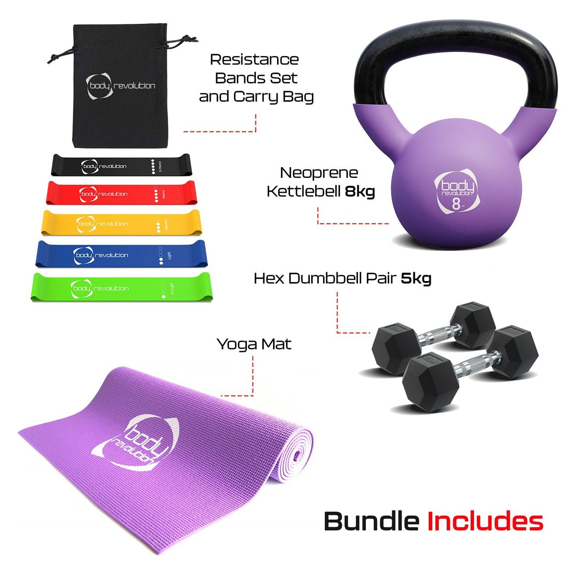 Purple kettlebell, hex dumbbells, colorful resistance bands, and a yoga mat, all neatly arranged with a carry bag for fitness enthusiasts