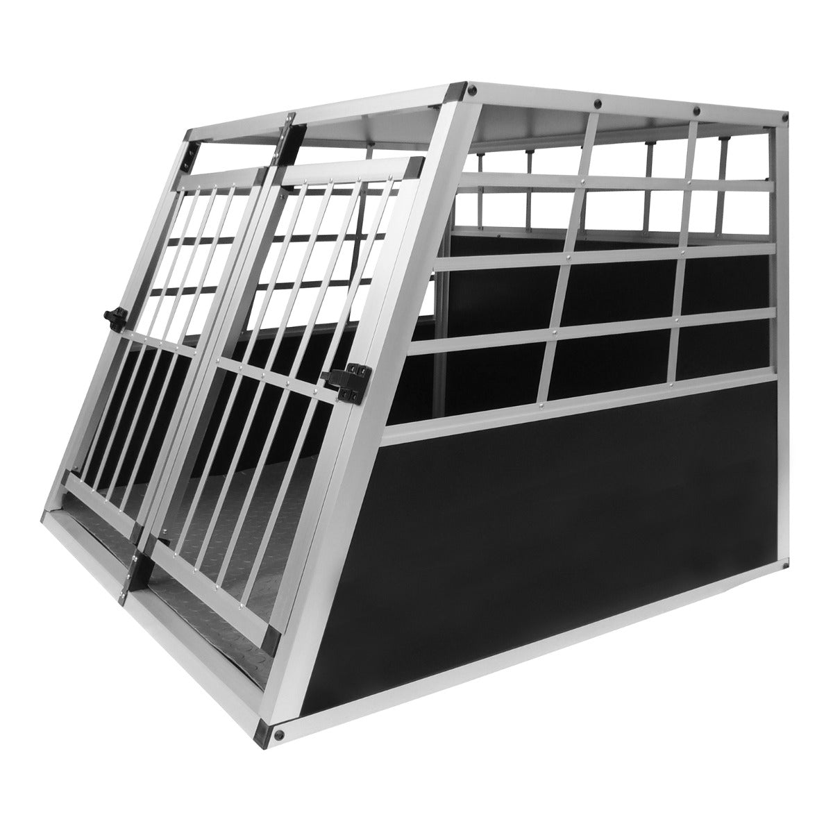 Large dog crate with double doors, featuring a sturdy aluminum frame, black panels, and a spacious interior for pet comfort