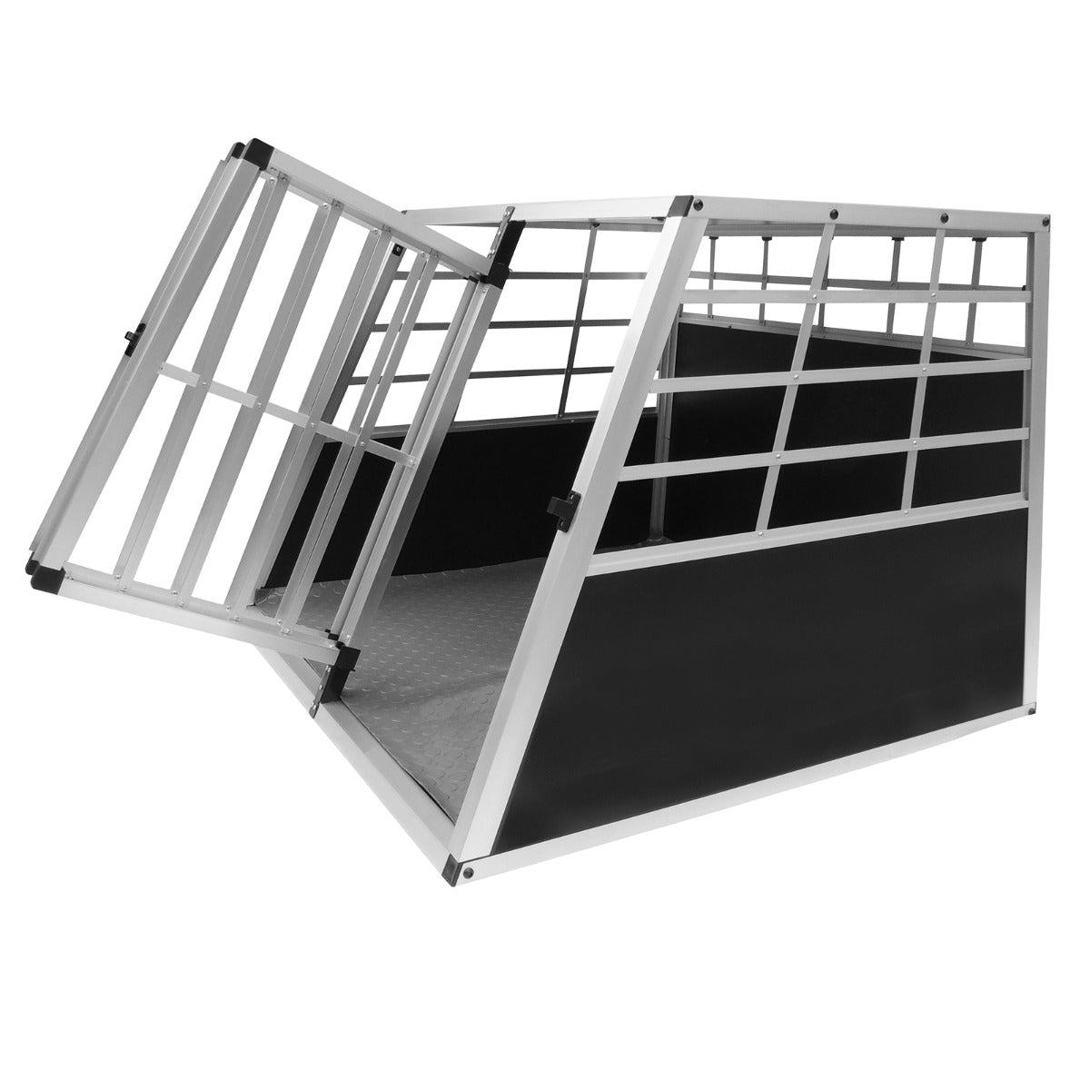 Large dog crate featuring sturdy aluminum frame, double doors, and a sleek black interior for easy access and comfort