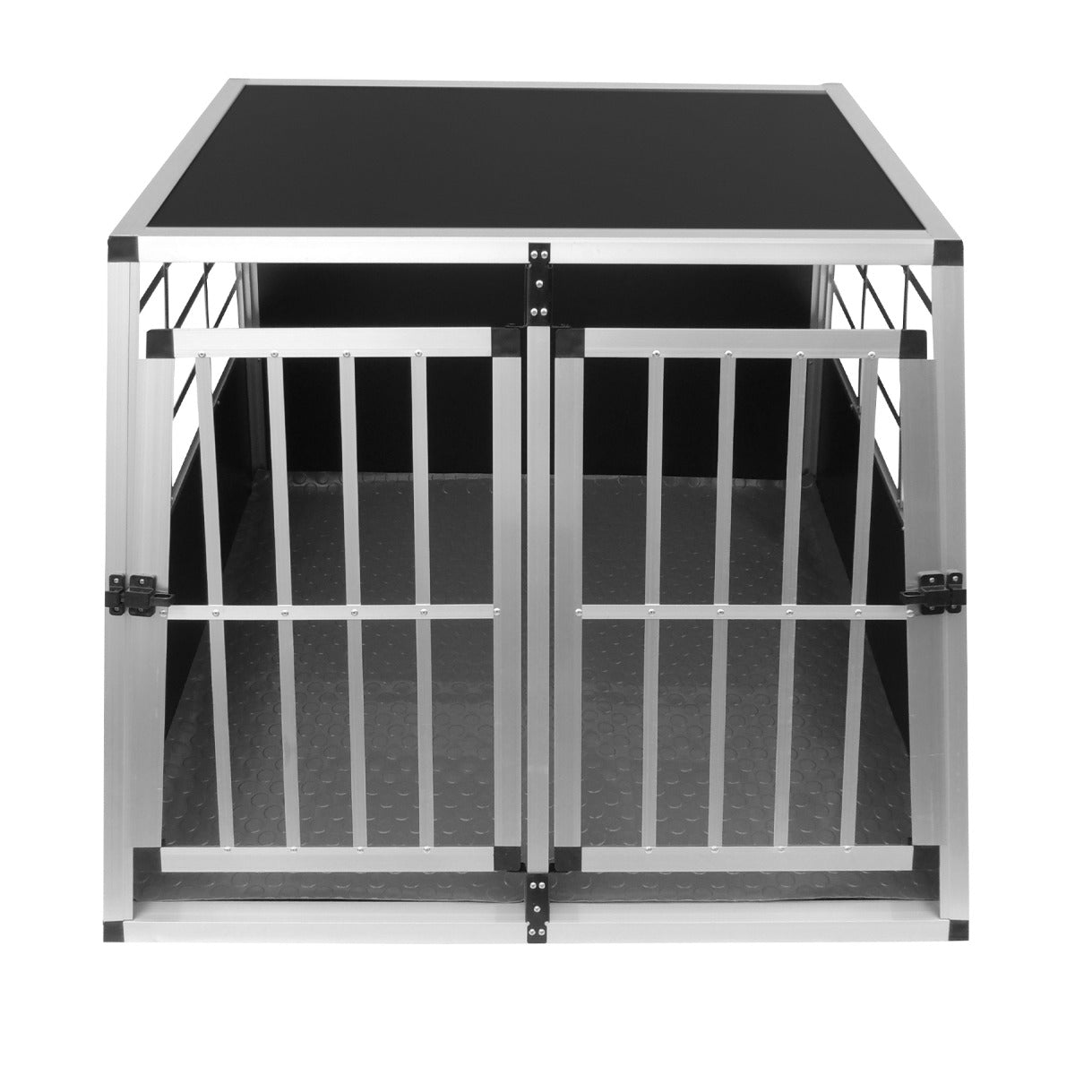 Large dog crate with double doors, featuring a sturdy aluminum frame, black metal bars, and a textured floor for stability