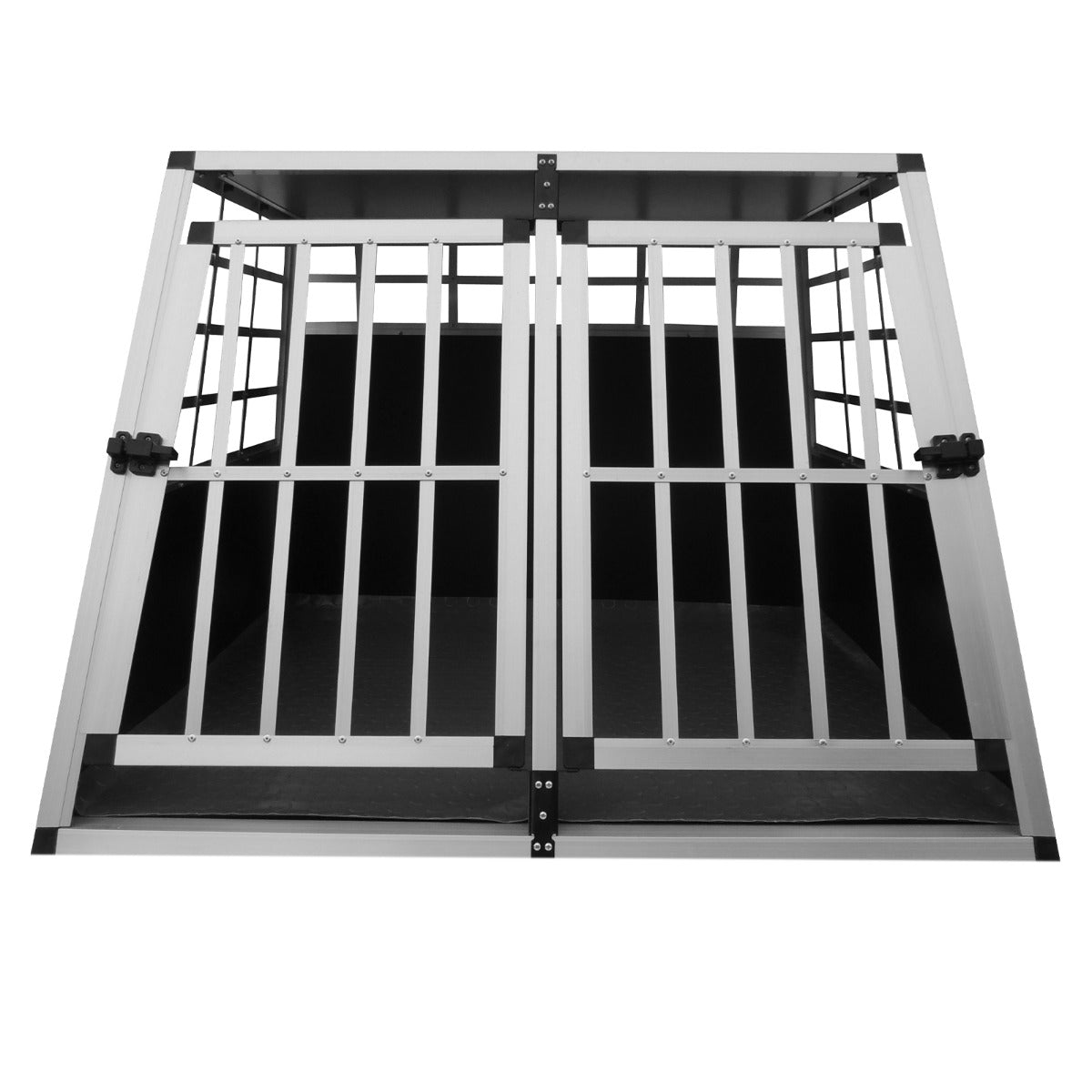 Large dog crate with double doors, featuring a sturdy aluminum frame, black interior, and metal bars for ventilation and security
