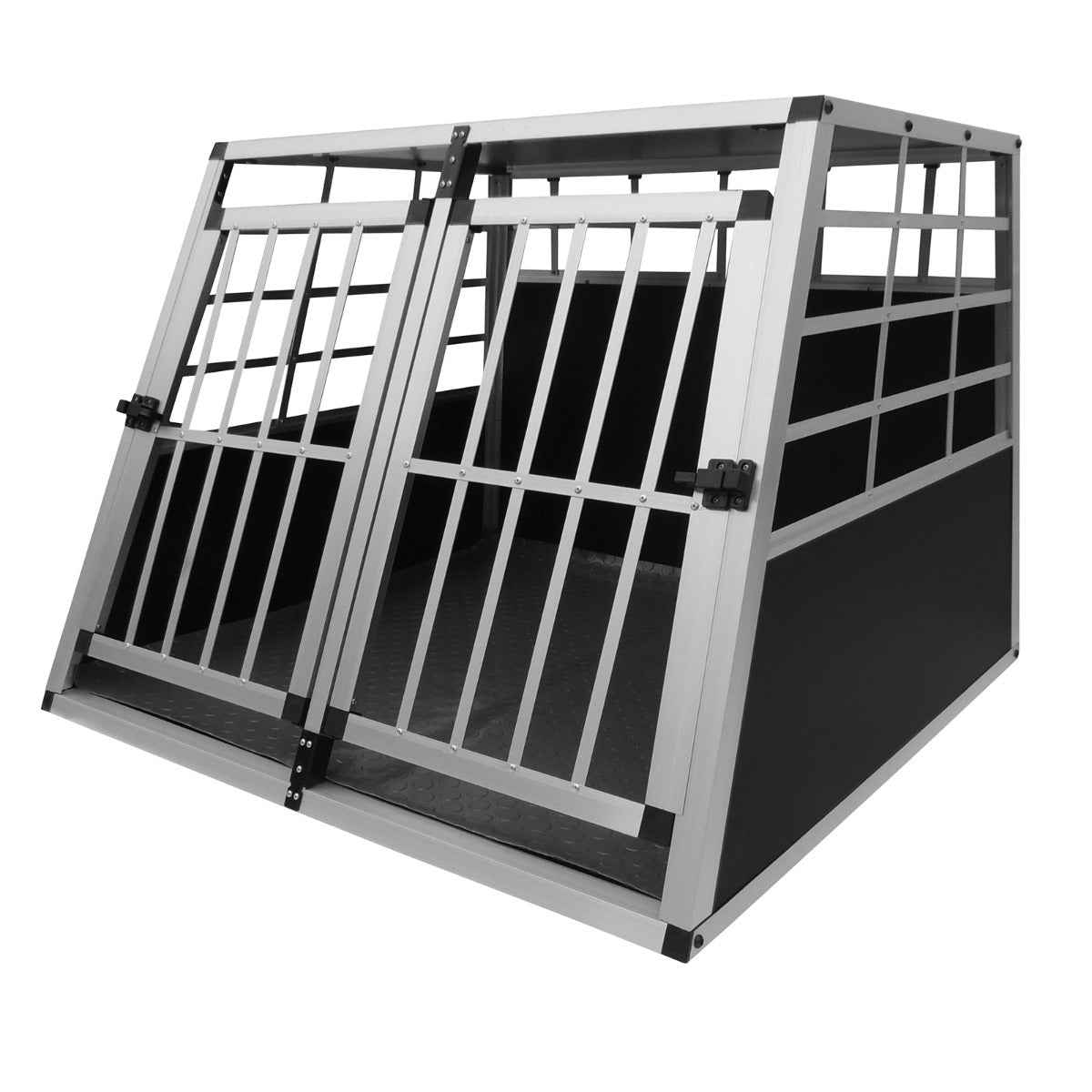 Large car dog crate with double doors, featuring a sturdy aluminum frame, black panels, and a textured floor for traction