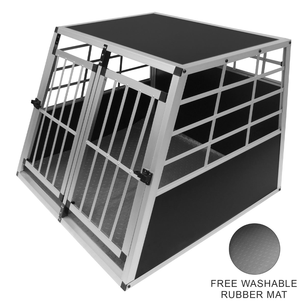 Large dog crate with double doors, sturdy aluminum frame, black finish, and a textured rubber mat for easy cleaning and comfort