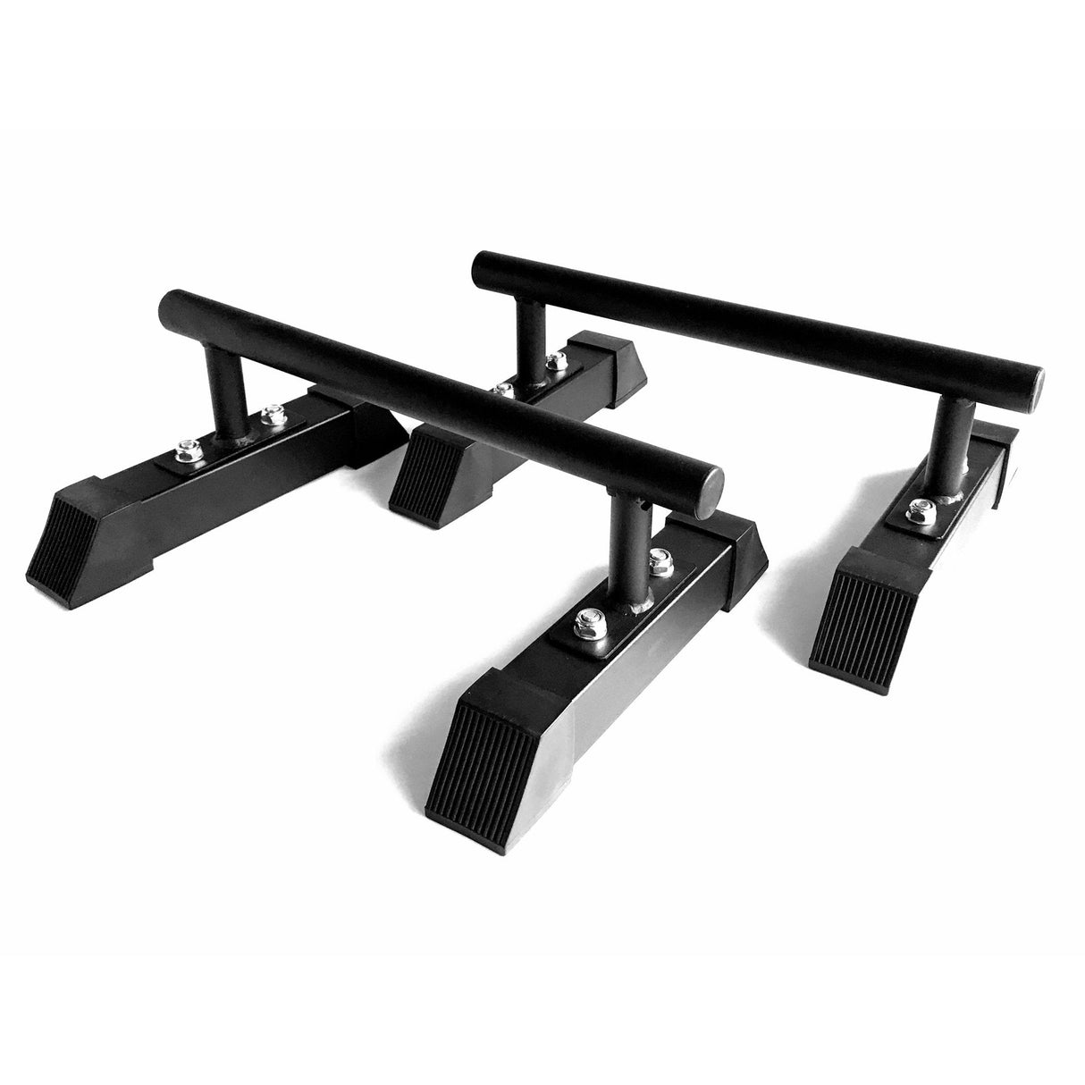 Sturdy black mini parallettes with rubber grips, designed for bodyweight exercises, featuring a compact, lightweight design