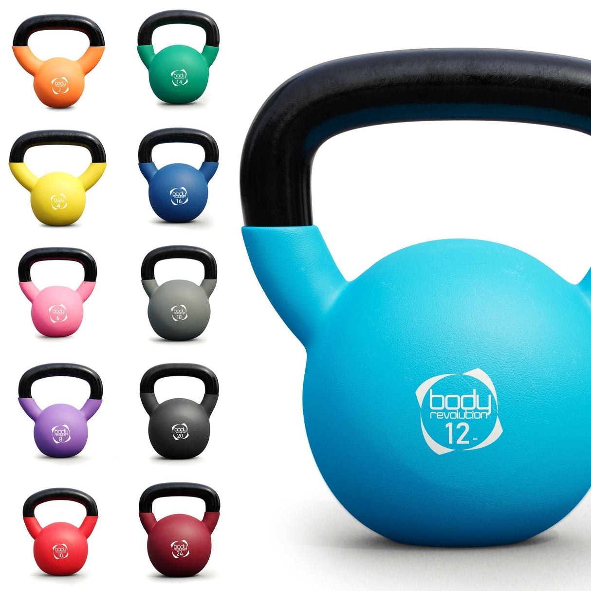 Colorful neoprene kettlebells ranging from 2 kg to 24 kg, featuring a textured grip and vibrant hues for effective workouts