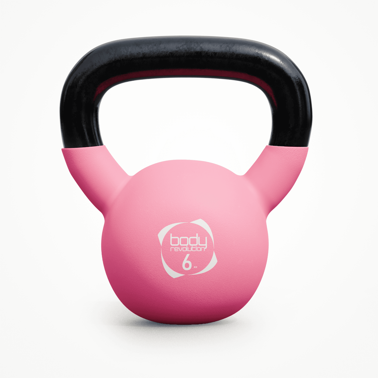 Neoprene kettlebell in vibrant pink with a black handle, featuring a 6 kg weight label, ideal for strength training workouts