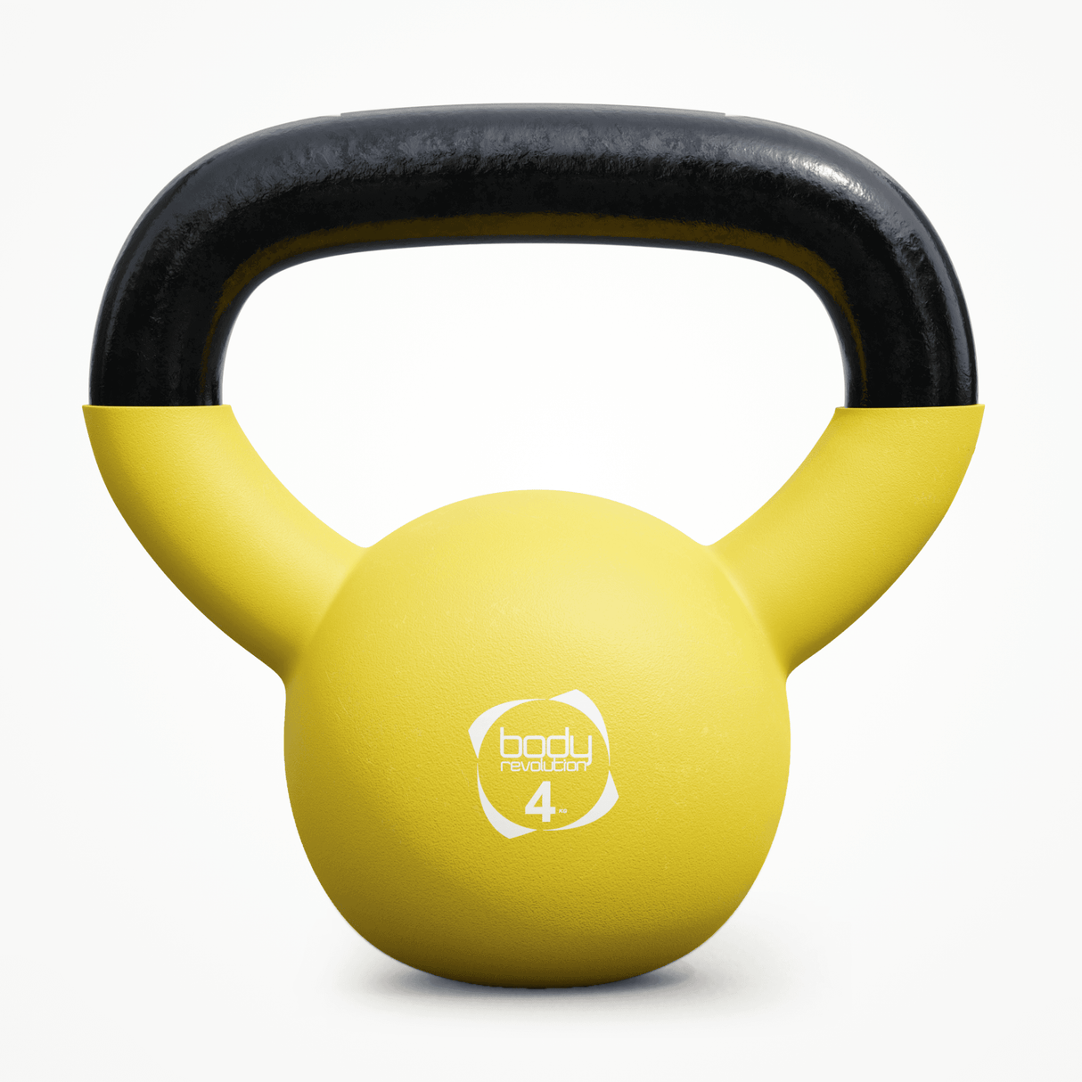 Bright yellow neoprene kettlebell with a black handle, featuring a smooth texture and a weight label of 4 kg for effective workouts