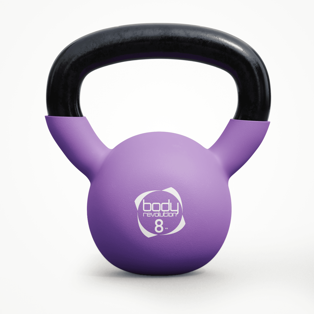 Purple neoprene kettlebell with a black handle, labeled 8 kg, featuring a smooth texture and ergonomic design for comfortable grip
