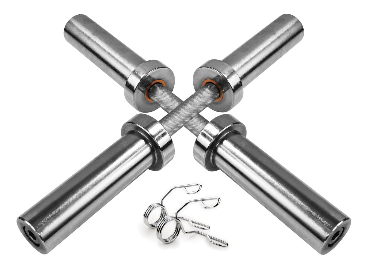 Olympic 2-inch dumbbell bar with a sleek silver finish, textured grip, and two spring clips for secure weight attachment