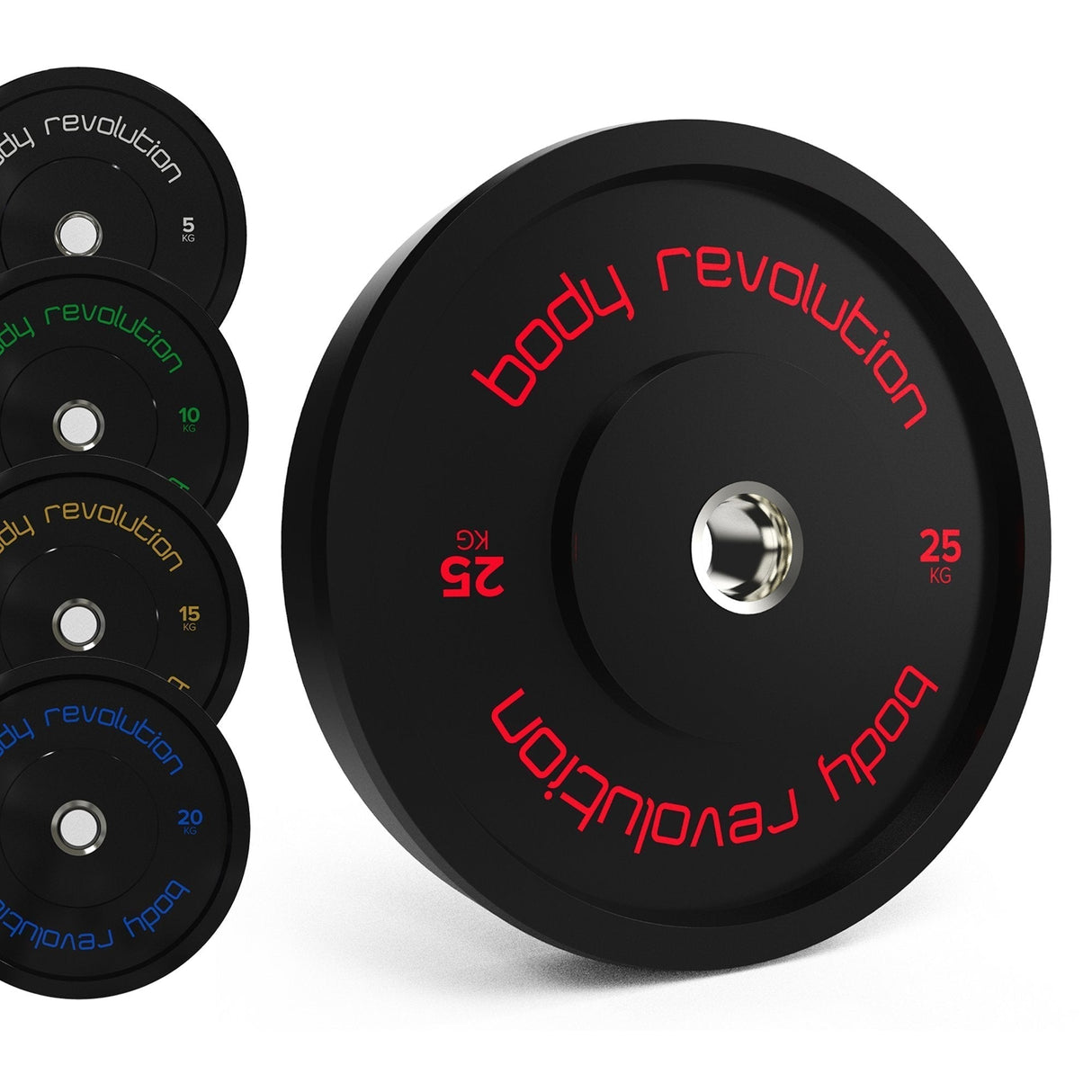 Black Olympic bumper plates with vibrant red and green lettering, featuring various weights, ideal for strength training and fitness