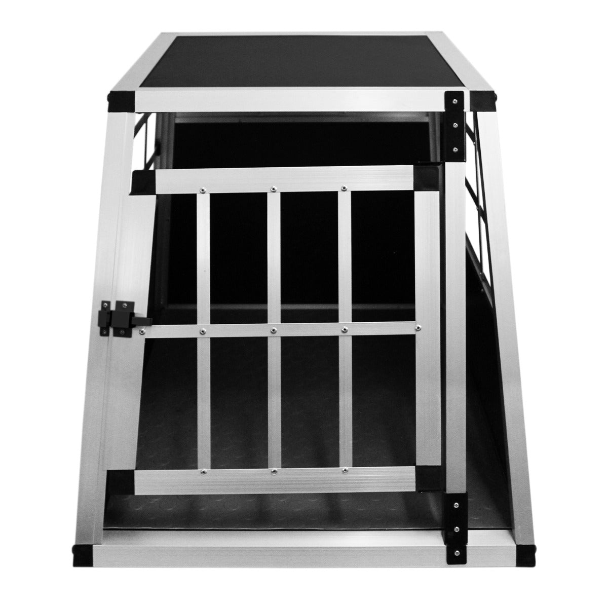 Durable small dog crate with a single metal door, featuring a sleek aluminum frame and a textured black top for easy cleaning