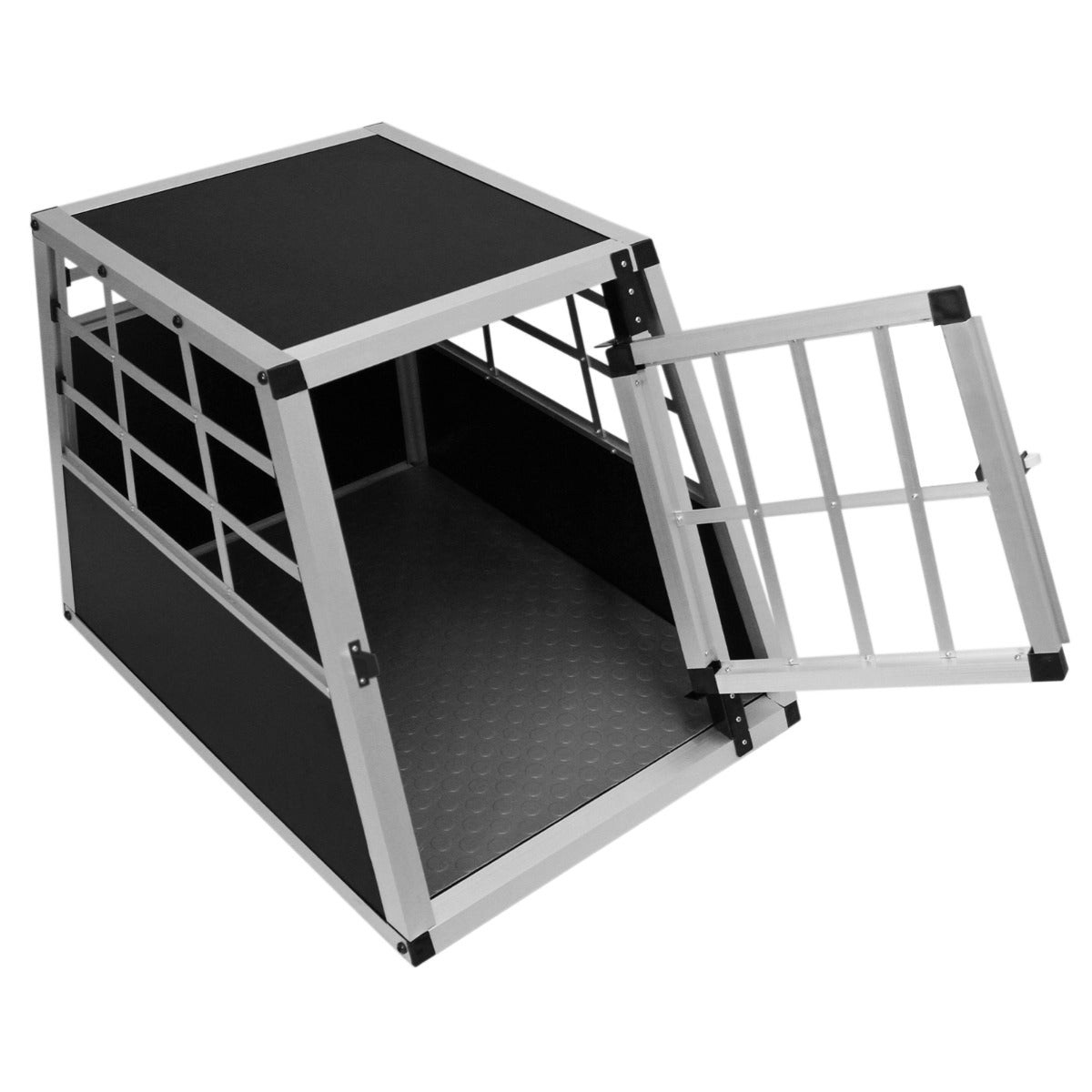 Durable small dog crate with a single door, featuring a sleek black metal frame and a textured, easy-to-clean interior surface