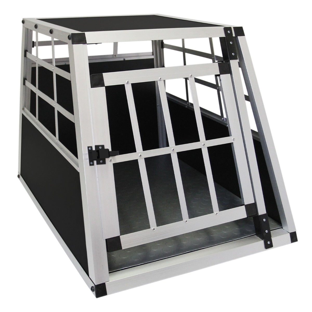 Durable black and silver aluminum dog crate with a single door, featuring a sturdy frame and textured floor for stability