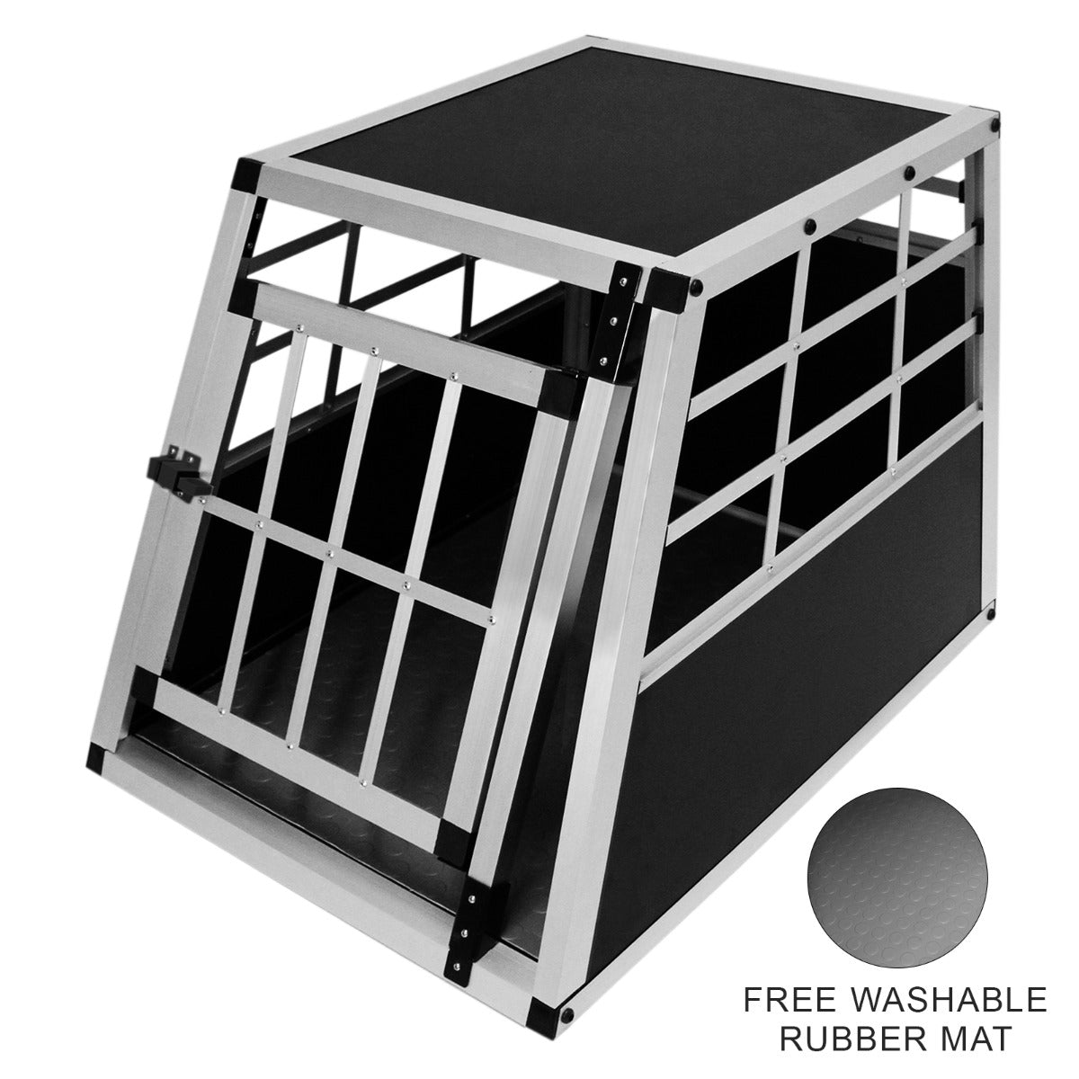 Durable small car dog crate with a single door, featuring a sleek aluminum frame, black panels, and a washable rubber mat inside