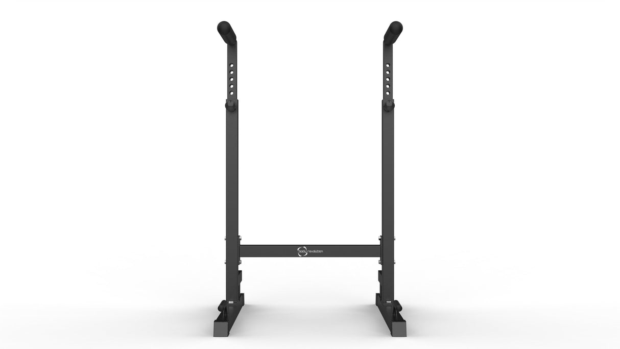 Sturdy black parallettes dip bars with adjustable height, featuring rubber grips and a stable base for strength training workouts
