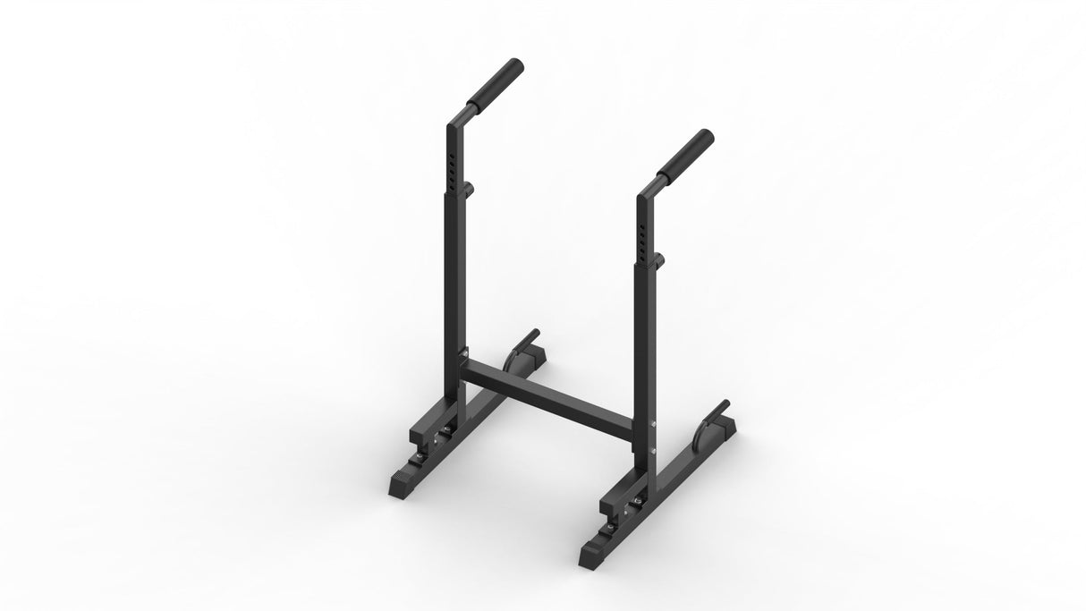Sturdy black parallettes dip bars with rubber grips, designed for strength training and calisthenics, featuring a stable base
